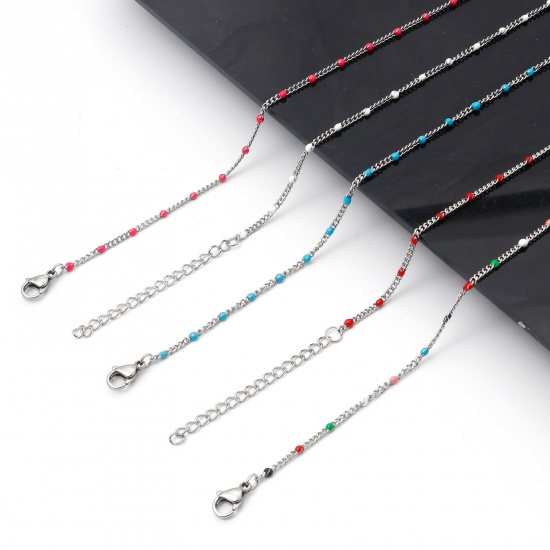 Picture of 304 Stainless Steel Cuban Link Chain Necklace Silver Tone Multicolor Enamel 45cm(17 6/8") long