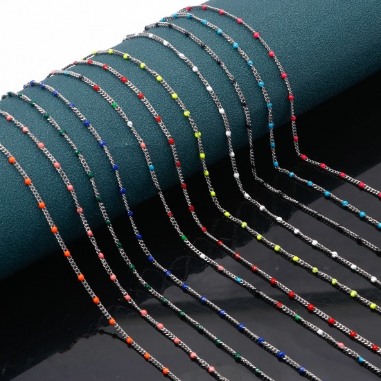 Picture of 304 Stainless Steel Cuban Link Chain Necklace Silver Tone Multicolor Enamel 45cm(17 6/8") long