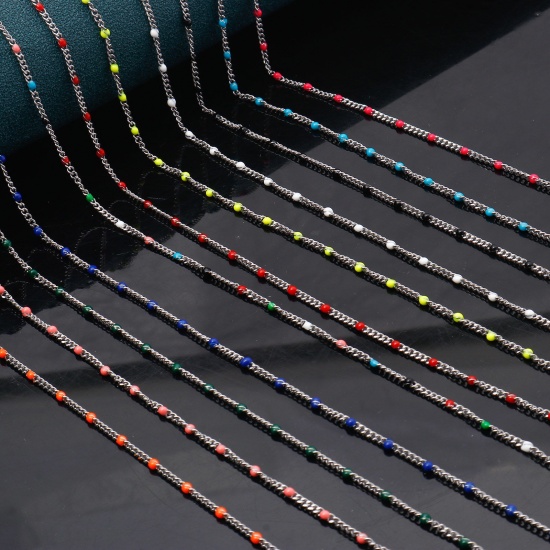 Picture of 304 Stainless Steel Cuban Link Chain Necklace Silver Tone Multicolor Enamel 45cm(17 6/8") long