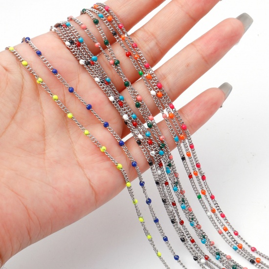 Picture of 304 Stainless Steel Cuban Link Chain Necklace Silver Tone Multicolor Enamel 45cm(17 6/8") long