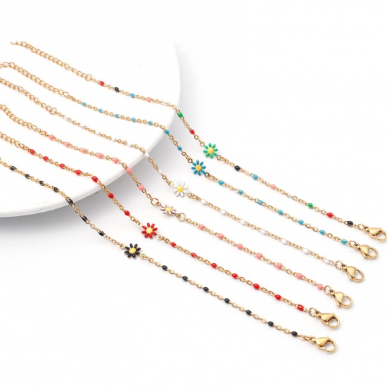 Picture of 304 Stainless Steel Link Cable Chain Bracelets Gold Plated Multicolor Daisy Flower Enamel 17.5cm(6 7/8") long