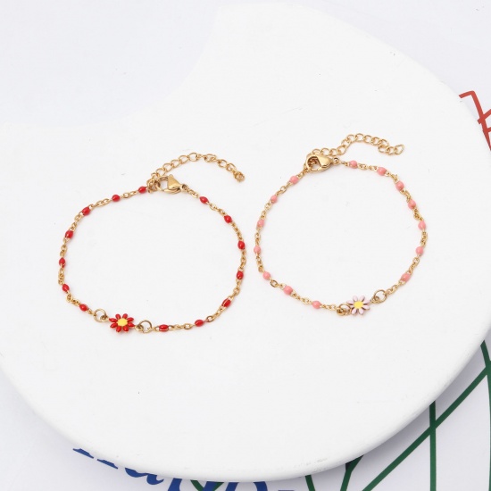 Picture of 304 Stainless Steel Link Cable Chain Bracelets Gold Plated Multicolor Daisy Flower Enamel 17.5cm(6 7/8") long