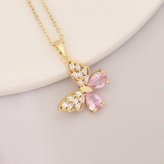Picture of Copper Stylish Pendant Necklace Gold Plated Heart Bowknot Pink Cubic Zirconia