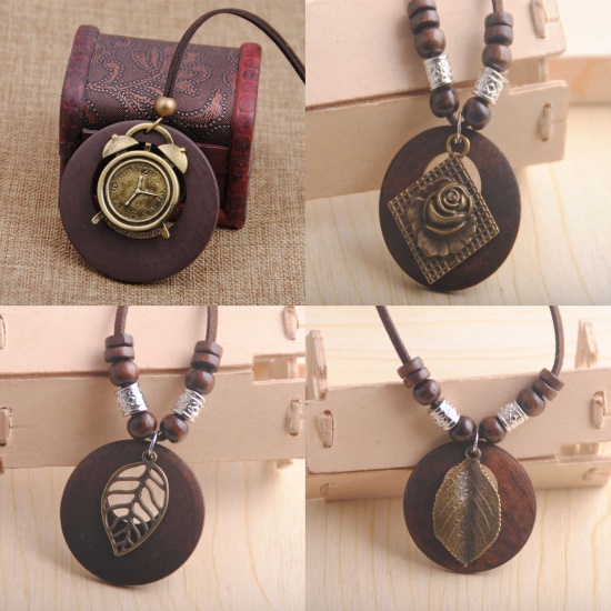 Picture of Wood Boho Chic Bohemia Sweater Necklace Long Antique Bronze Circle Ring