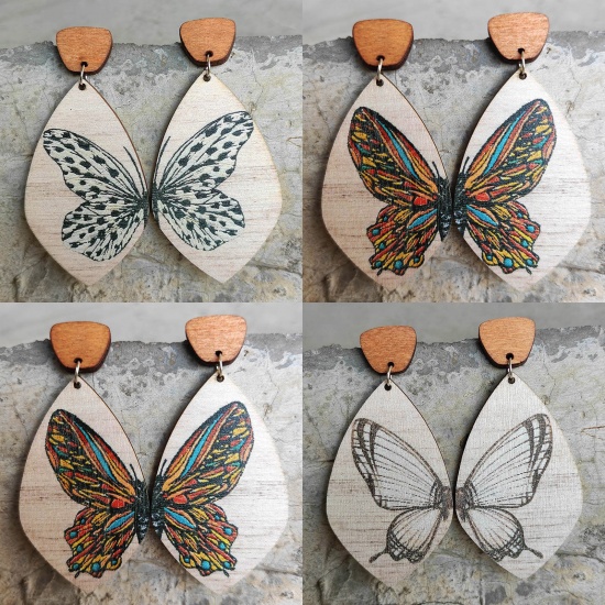 Picture of Wood Insect Earrings Multicolor Irregular Butterfly