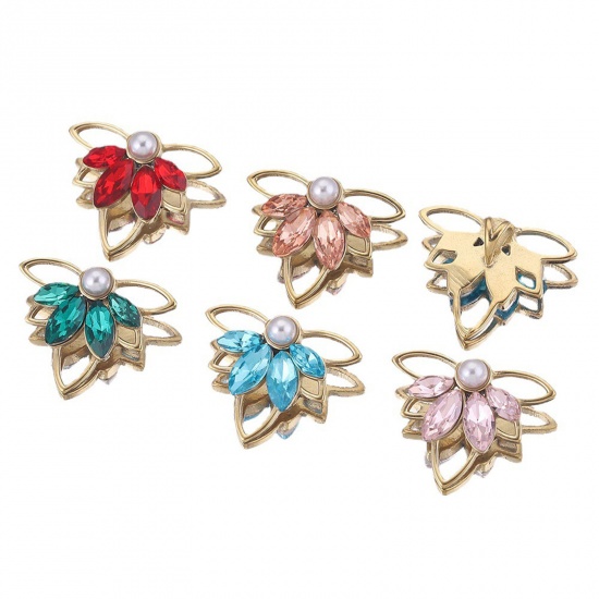 Immagine di 304 Acciaio Inossidabile Charms Foglia d'Acero Oro Placcato Multicolore Strass 22mm x 17.5mm, 1 Pz