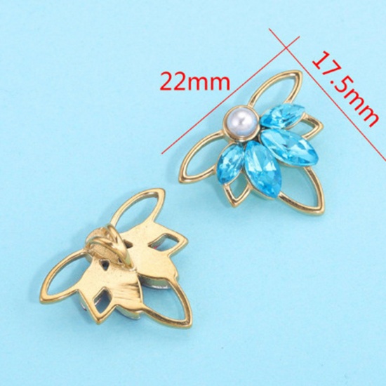 Immagine di 304 Acciaio Inossidabile Charms Foglia d'Acero Oro Placcato Multicolore Strass 22mm x 17.5mm, 1 Pz