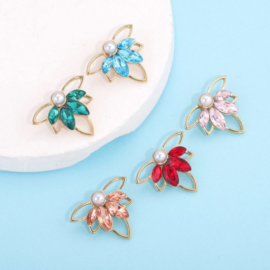 Immagine di 304 Acciaio Inossidabile Charms Foglia d'Acero Oro Placcato Multicolore Strass 22mm x 17.5mm, 1 Pz