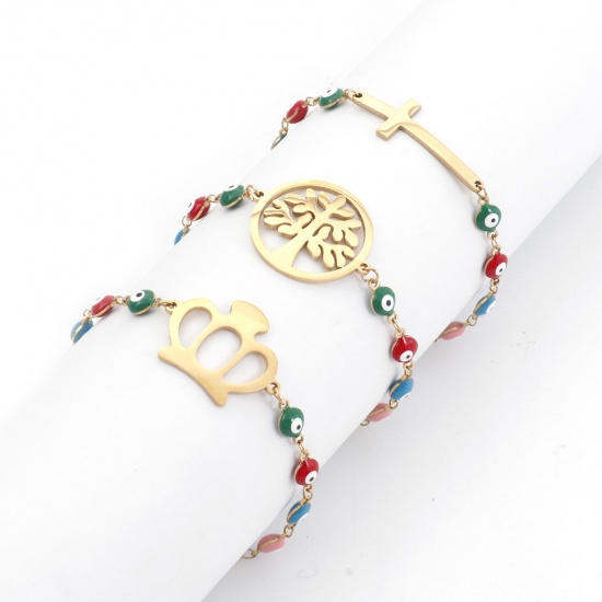 Picture of 304 Stainless Steel Religious Bracelets Gold Plated Evil Eye Enamel 17cm(6 6/8") long