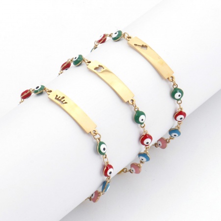 Bracelets Religieux en 304 Acier Inoxydable Doré Rectangle Œil Mauvais Émail 17cm long, 1 Pièce