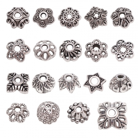 Zinc Based Alloy Beads Caps Flower Carved Pattern Antique Silver Color