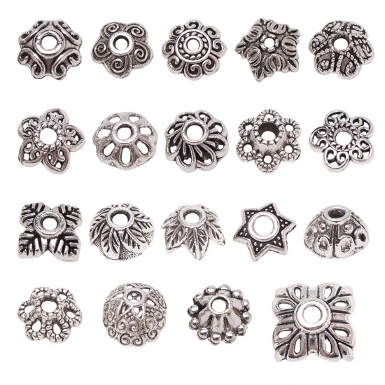 Picture of Zinc Based Alloy Beads Caps Flower Carved Pattern Antique Silver Color