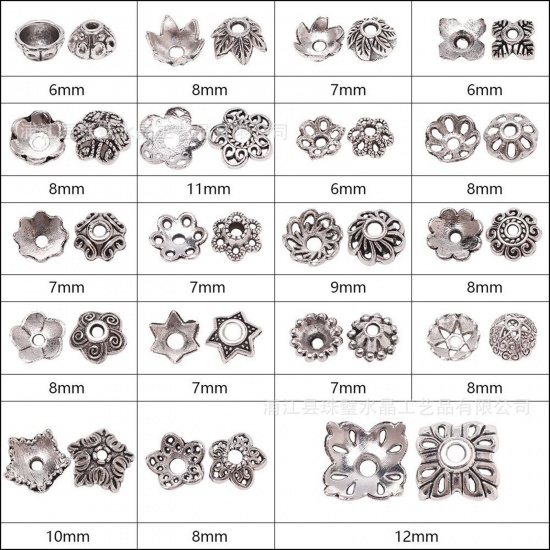 Picture of Zinc Based Alloy Beads Caps Flower Carved Pattern Antique Silver Color