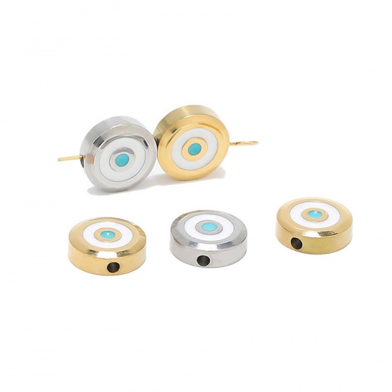 Bild von 304 Edelstahl Perlen Flachrund Weiß & Blau Böser Blick Evil Eye Emaille 11mm D., 1 Stück