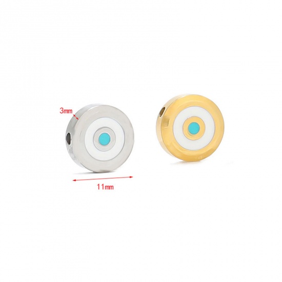 Bild von 304 Edelstahl Perlen Flachrund Weiß & Blau Böser Blick Evil Eye Emaille 11mm D., 1 Stück