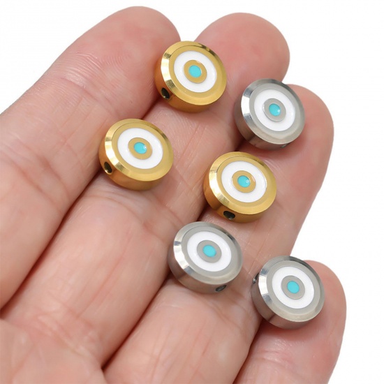 Bild von 304 Edelstahl Perlen Flachrund Weiß & Blau Böser Blick Evil Eye Emaille 11mm D., 1 Stück