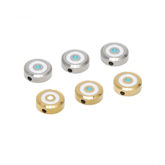 Bild von 304 Edelstahl Perlen Flachrund Weiß & Blau Böser Blick Evil Eye Emaille 11mm D., 1 Stück