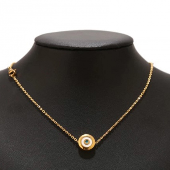 Bild von 304 Edelstahl Perlen Flachrund Weiß & Blau Böser Blick Evil Eye Emaille 11mm D., 1 Stück