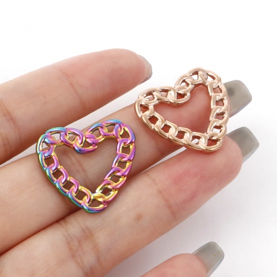 Immagine di 304 Acciaio Inossidabile Charms Catena a Maglie Multicolore Cuore Filigrana 22mm x 21mm, 1 Pz