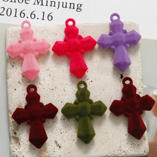 Picture of Resin Religious Pendants Cross Multicolor Flocking 4.5cm x 3.3cm