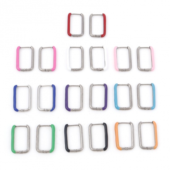 Image de Boucles d'Oreilles Créole Anneaux en 316 Acier Inoxydable Élégant Argent Mat Multicolore Rectangle Émail 20mm x 13mm , Epaisseur de Fil: (18 gauge), 1 Paire