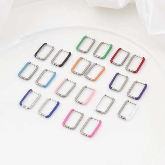 Image de Boucles d'Oreilles Créole Anneaux en 316 Acier Inoxydable Élégant Argent Mat Multicolore Rectangle Émail 20mm x 13mm , Epaisseur de Fil: (18 gauge), 1 Paire