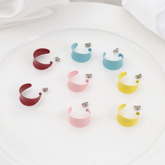 Picture of 316 Stainless Steel Stylish Hoop Earrings Silver Tone Multicolor C Shape Painted 25mm x 21mm