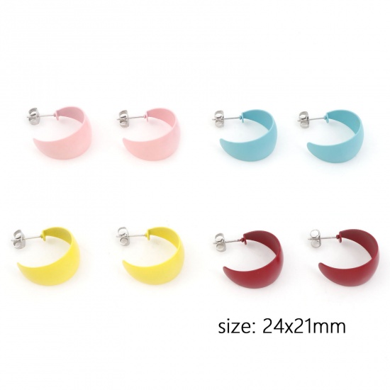 Picture of 316 Stainless Steel Stylish Hoop Earrings Silver Tone Multicolor C Shape Painted 24mm x 21mm