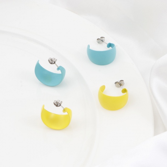 Picture of 316 Stainless Steel Stylish Hoop Earrings Silver Tone Multicolor C Shape Painted 24mm x 21mm