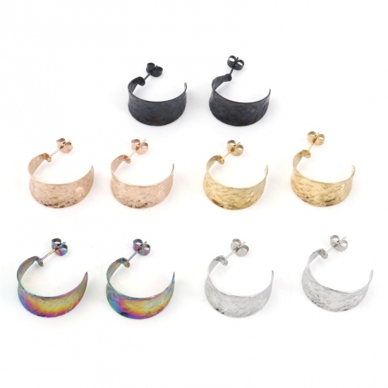 Image de Boucles d'Oreilles Créole Anneaux en 316 Acier Inoxydable Élégant Multicolore Forme de C Texture 25mm x 22mm , Epaisseur de Fil: (20 gauge), 1 Paire