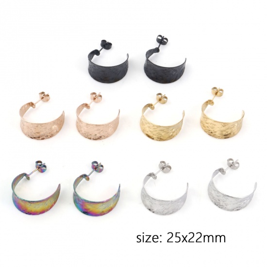 Image de Boucles d'Oreilles Créole Anneaux en 316 Acier Inoxydable Élégant Multicolore Forme de C Texture 25mm x 22mm , Epaisseur de Fil: (20 gauge), 1 Paire