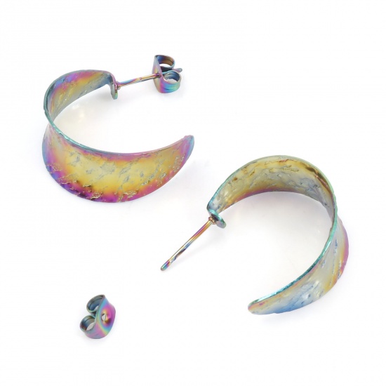 Image de Boucles d'Oreilles Créole Anneaux en 316 Acier Inoxydable Élégant Multicolore Forme de C Texture 25mm x 22mm , Epaisseur de Fil: (20 gauge), 1 Paire