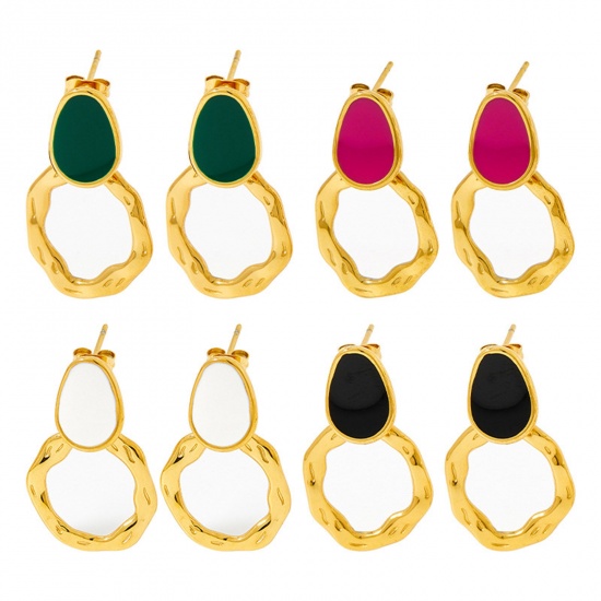 Image de Respectueux de la Nature À la Mode Boucles d'Oreilles Rétro en 304 Acier Inoxydable Irrégulier Anneau Plaqué Or Véritable 14K Émail Pour Femmes 1 Paire