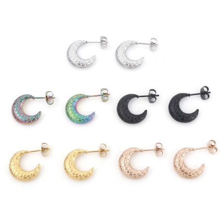 316 Stainless Steel Stylish Hoop Earrings Multicolor Half Moon Texture 21mm x 15mm