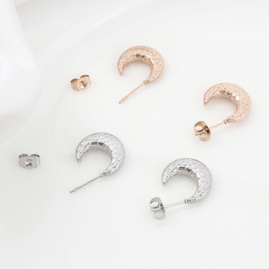 Picture of 316 Stainless Steel Stylish Hoop Earrings Multicolor Half Moon Texture 21mm x 15mm