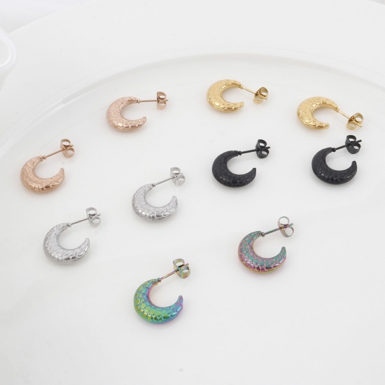 Picture of 316 Stainless Steel Stylish Hoop Earrings Multicolor Half Moon Texture 21mm x 15mm