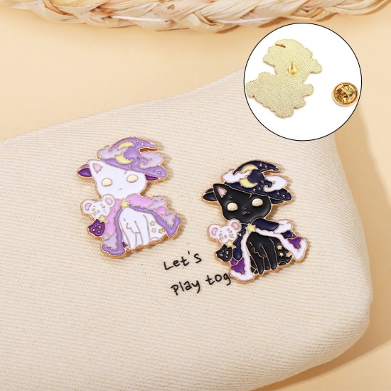 Picture of Cute Pin Brooches Cat Animal Moon Gold Plated Enamel