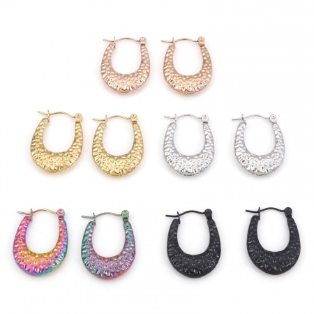 Boucles d'Oreilles Créole Anneaux en 316 Acier Inoxydable Forme de U Gaufrage 24.5mm x 18mm , Epaisseur de Fil: (21 gauge), 1 Paire