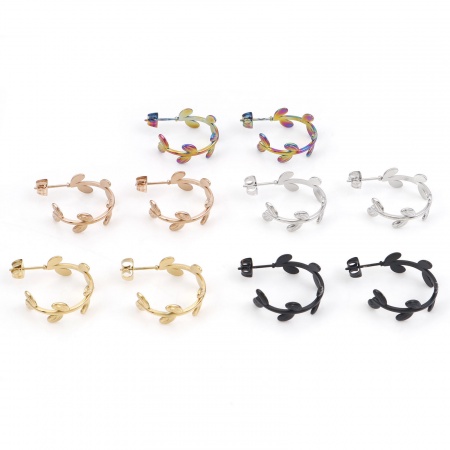 316ステンレス鋼 フープピアス C字状 葉 24mm x 20mm、 ワイヤーサイズ: （20号）、 1 ペア