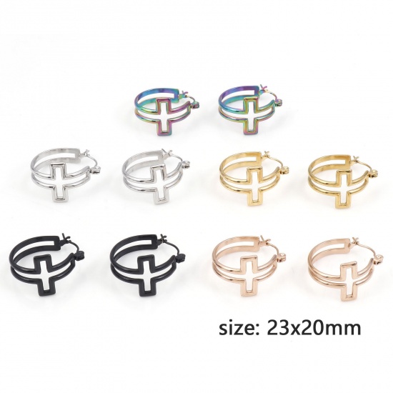 Picture of 316 Stainless Steel Hoop Earrings Circle Ring Cross Hollow 23mm x 20mm