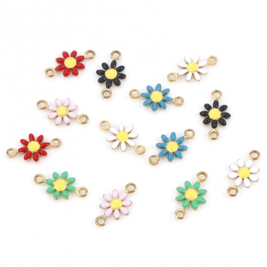 Picture of 10 PCs Vacuum Plating 304 Stainless Steel Connectors Charms Pendants Gold Plated Daisy Flower Enamel 13mm x 7.5mm