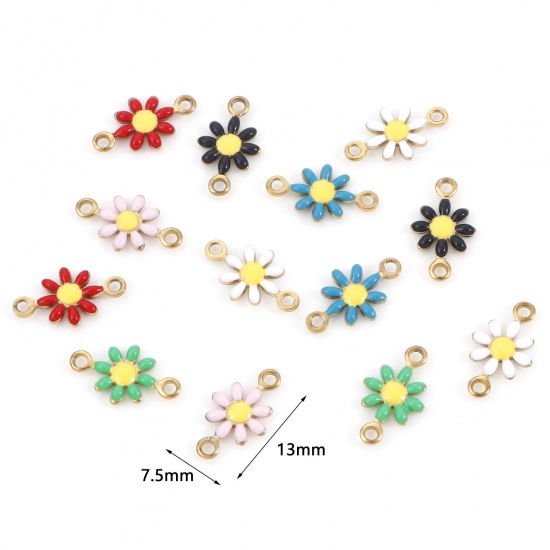 Picture of 10 PCs Vacuum Plating 304 Stainless Steel Connectors Charms Pendants Gold Plated Daisy Flower Enamel 13mm x 7.5mm