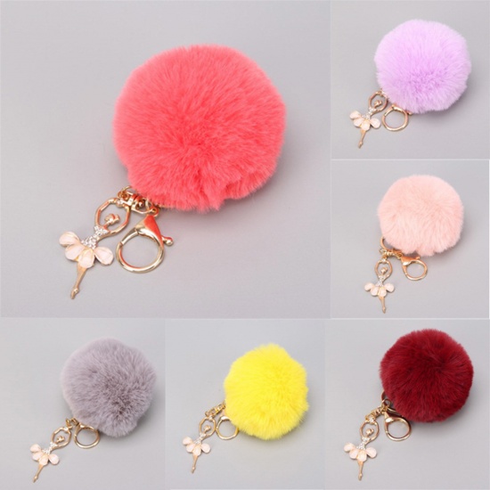Picture of Stylish Keychain & Keyring Gold Plated Multicolor Ballerina Pom Pom Ball Clear Rhinestone