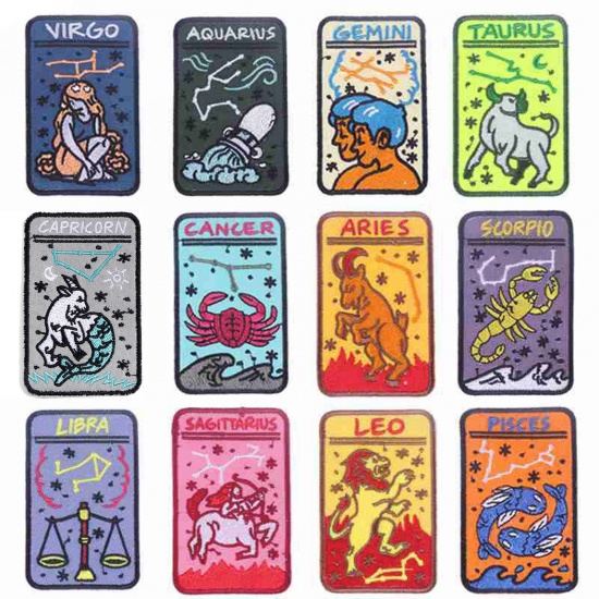 Picture of Polyester Iron On Patches Appliques (With Glue Back) DIY Sewing Craft Clothing Decoration Multicolor Rectangle Constellation Embroidered 7.8cm x 5cm