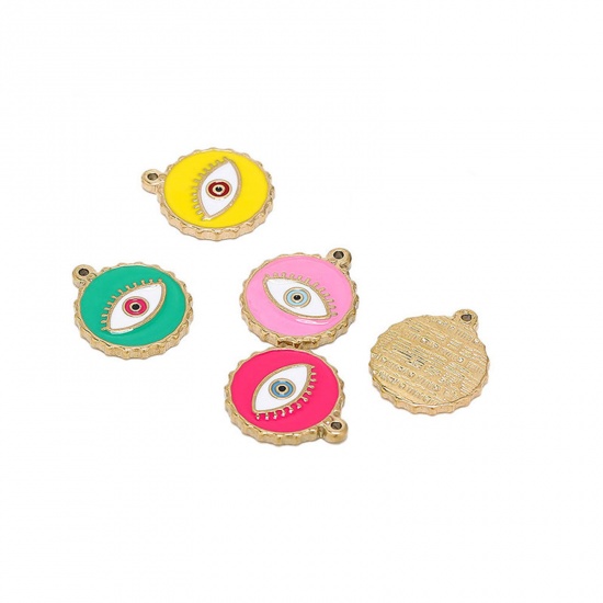 Picture of 304 Stainless Steel Charms Gold Plated Multicolor Round Evil Eye Enamel 24mm x 22mm