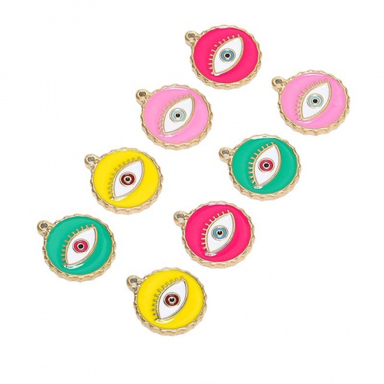 Picture of 304 Stainless Steel Charms Gold Plated Multicolor Round Evil Eye Enamel 24mm x 22mm