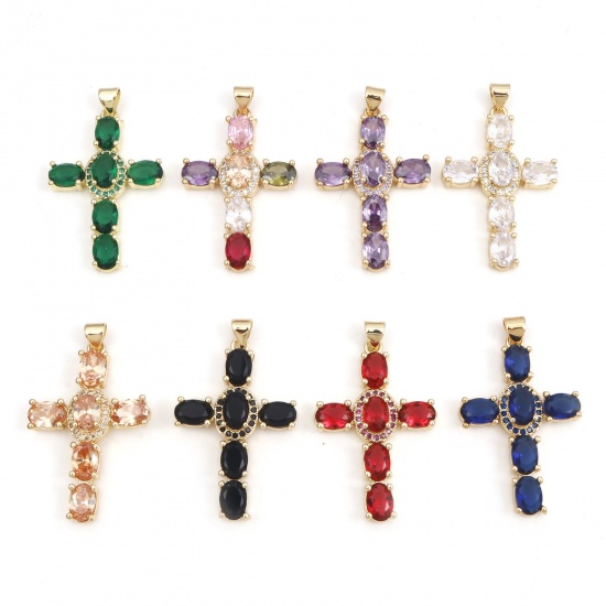 Picture of 1 Piece Brass & Cubic Zirconia Religious Pendants 18K Real Gold Plated Multicolor Cross 4cm x 2.3cm