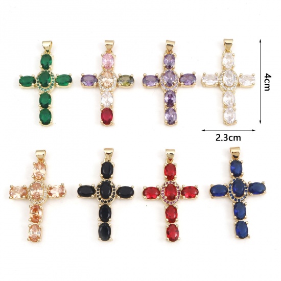 Picture of 1 Piece Brass & Cubic Zirconia Religious Pendants 18K Real Gold Plated Multicolor Cross 4cm x 2.3cm