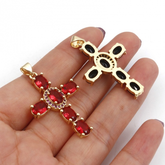 Picture of 1 Piece Brass & Cubic Zirconia Religious Pendants 18K Real Gold Plated Multicolor Cross 4cm x 2.3cm