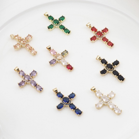 Picture of 1 Piece Brass & Cubic Zirconia Religious Pendants 18K Real Gold Plated Multicolor Cross 4cm x 2.3cm